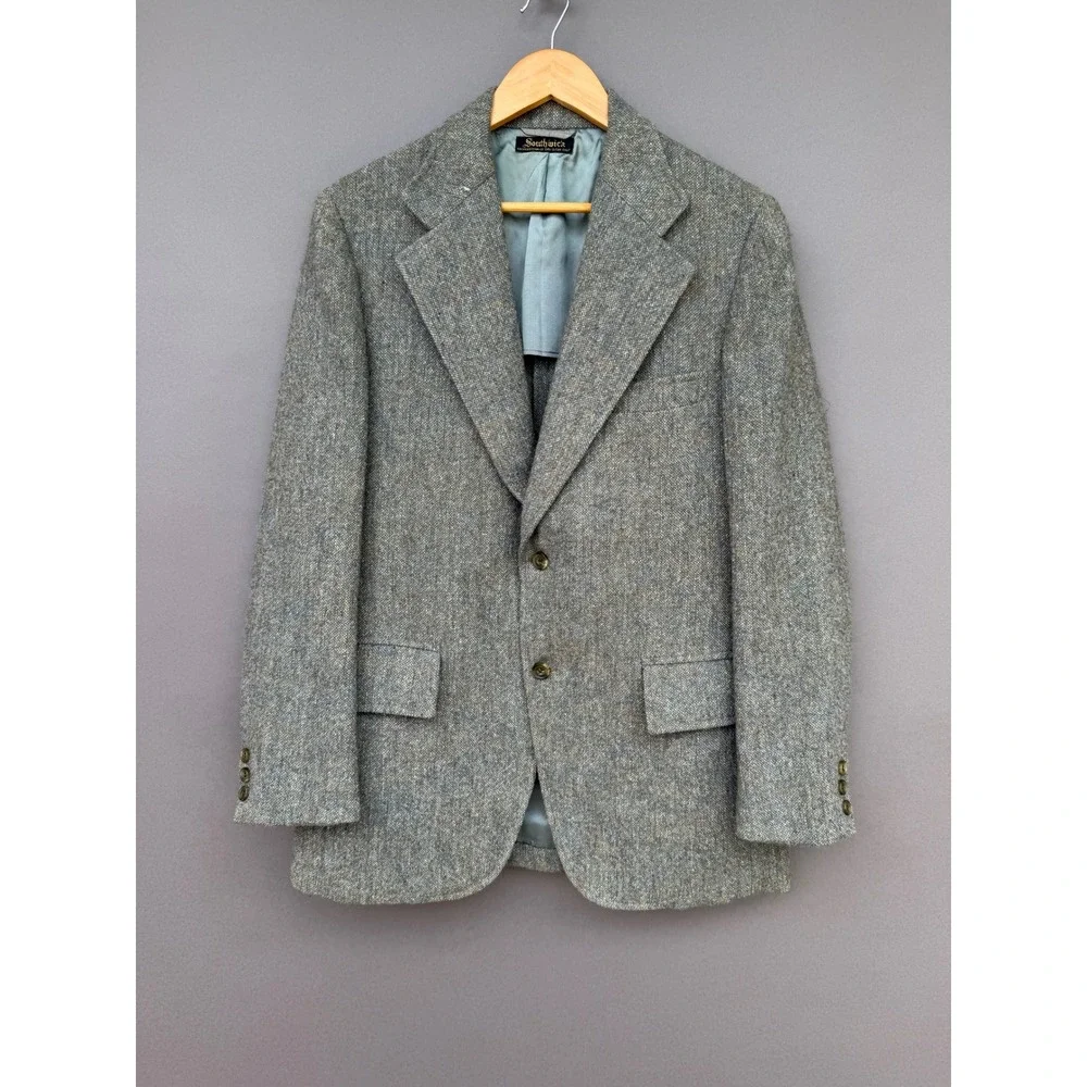 Southwick Vintage Wool Tweed Suit Grey Blue 40R 33W 2pc Blazer Cuffed Pants USA
